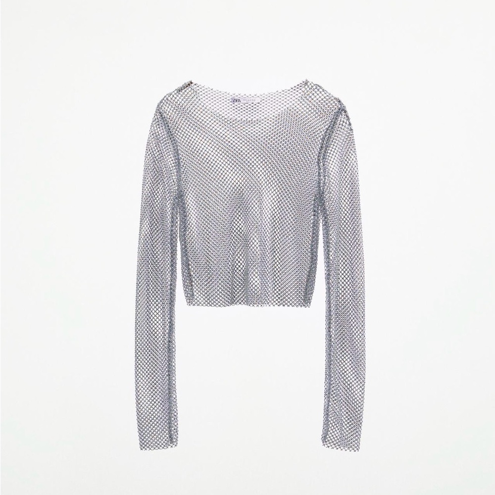 Zara Silver Rainbow Sequins Mesh Long-Sleeve Crop Top